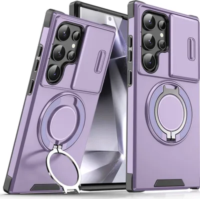 Immagine prodotto di Custodia a doppio strato per Samsung Galaxy S24 Ultra, con copertura scorrevole della fotocamera e supporto ad anello magnetico Viola