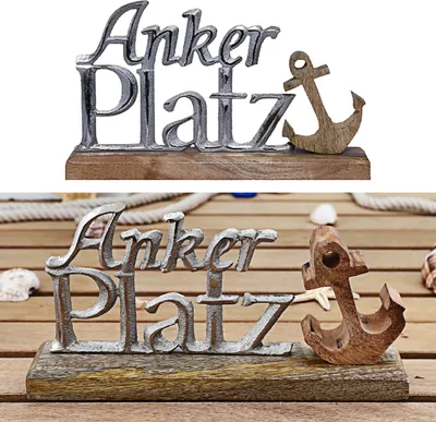 Produktbild von Schriftzug 'Ankerplatz' Anker silber 25x15x5cm Mangoholz Aluminium Dekoaufsteller Tischdeko Aufsteller maritim