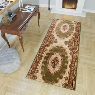 Produktbild von Läufer Teppich Meterware Flur Wohnzimmer Schlafzimmer Kurzflor Grün Beige Klassisch Design Meliert 70 x 130