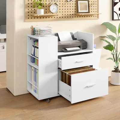 Produktbild von Aktenschrank Rollcontainer, Büroschrank, mit 2 Schubladen, Seitenhaltern, Druckertisch, Aufbewahrungsschrank, weiß