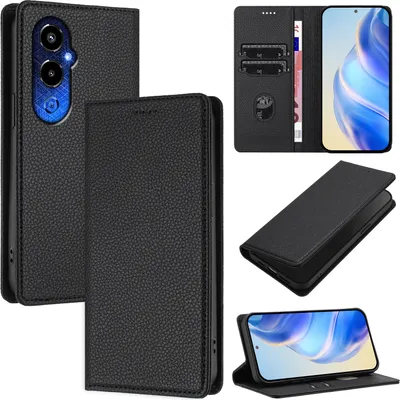 Obrázek produktu pro Kožené pouzdro pro Tecno Pova 4 Pro, Litschi kůže, peněženkové pouzdro s přihrádkami na karty a stojánkem Černý