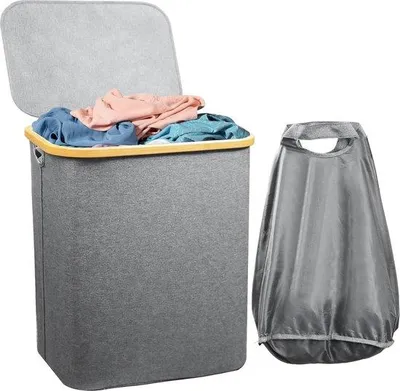 Produktbild von Famanu Wäschekorb mit Deckel - 80 L, schmal, mit Wäschesack, faltbar, grau