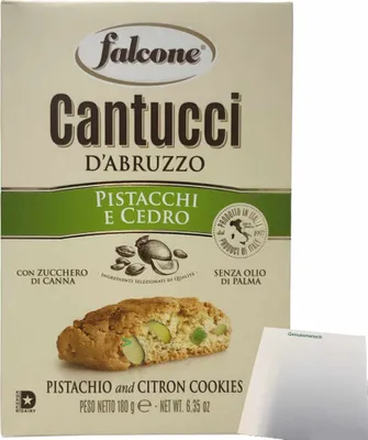Produktbild von Falcone Cantuccini al Pistacchio e Cedro Cantuccini mit Pistazien Ceder-Zitrone (180g Packung) + usy Block