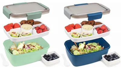 Immagine prodotto di Contenitore per il pranzo per adulti, capacità 2000 ml, set da 2 pezzi, a prova di perdite, contenitore per il pranzo con scomparti, contenitore per insalata da portare con sé, colore blu e verde scuro