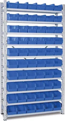 Produktbild von Kleinteileregal, verzinkt, HxBxT 2000x1070x315 mm, 10 Böden, bestückt mit 60 Sichtboxen LB 4 Farbe blau