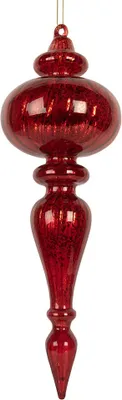 A single red glass Christmas ornament with a glittery finish, hanging from a thin string.