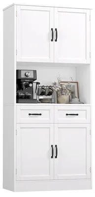 Image de Meuble de cuisine - Buffet haut 180 cm - Buffet avec plan de travail - Meuble de rangement avec 4 portes et 2 tiroirs - Structure en bois - Style moderne et minimaliste