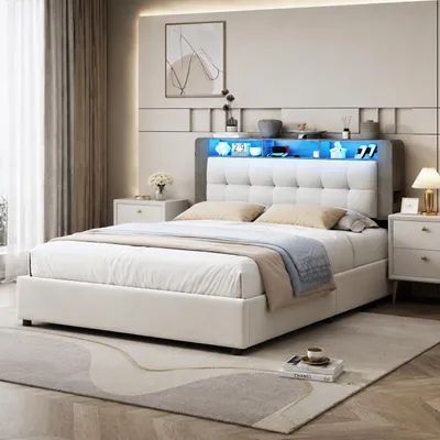 Obrázek produktu pro Hydraulická postel INONEFT, rozměry 160 × 200 cm, postel pro dospělé, čalouněná postel s úložným prostorem a roštem, dvoulůžko s bezdrátovou nabíječkou a LED osvětlením, samet, productTiles.product.images.aiGenerated