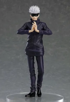 A full-body shot of a Satoru Gojo figure from Jujutsu Kaisen, standing on a clear display base against a plain background.