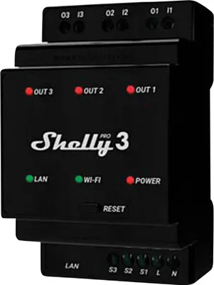Produktbild von Shelly Pro 3, 3 Kanal WLAN + Bluetooth Schaltaktor, DIN Rail Montage