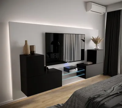 Obrázok produktu pre Furnitech Obývacia stena - Nábytok do obývačky s LED RGB - 16 farieb - Moderná závesná stena - Police a TV skrinka (AN96-21B-M3 1C)