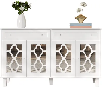 Produktbild von Sideboard mit 4 Spiegeltueren Schubladenschrank verstellbaren Einlegeboeden und Kristallgriffen Beistellschrank Wohnzimmerschrank Weiss