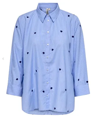 Image de SEULEMENT : Chemise pour femme, modèle LINA GRACE, coupe ajustée, couleur bleu clair "Moonlight" avec rayures bleu marine. Taille M