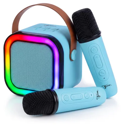 Produktbild von EVI Glow Karaoke-Set für Kinder, 2 Funkmikrofone, 20-W-Bluetooth-5.3-Lautsprecher, RGB-LED-Licht, 5 Stimmenmodi, USB-C, Blau