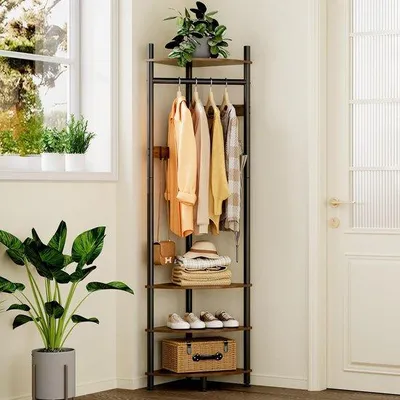 Produktbild von Ibenzoa® Eckgarderobe mit Sitzbank – 4 Holzablagen & 6 verschiebbare Haken, pulverbeschichteter Metallrahmen, rustikale Holzpaneele Schwarz/Grau, platzsparend für Flur & Schlafzimmer