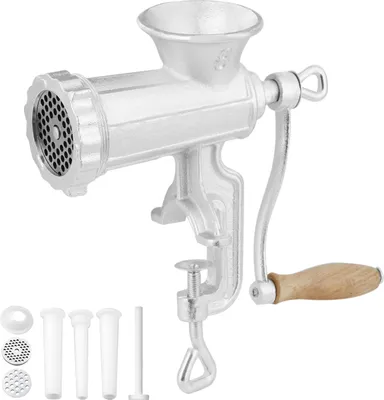 A manual meat grinder with various attachments, photographed against a white background.