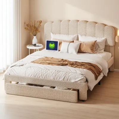 Produktbild von INONEFT Polsterbett 140x200 cm, Jugendbett mit USB und Verstellbarem Kopfteil, Doppelbett mit 1 Schubladen,Teddystoff, Beige, Ohne Matratze