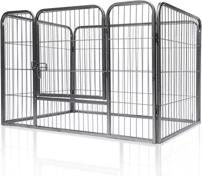 A metal dog playpen with a gate, shown from the front.