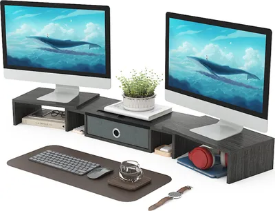 Produktbild von Monitorständer mit Smartphone-Halter und Schublade Monitorerhöhung Verstellbare Länge und Schwenkwinkel Bildschirmerhöhung Schreibtischaufsatz für PC