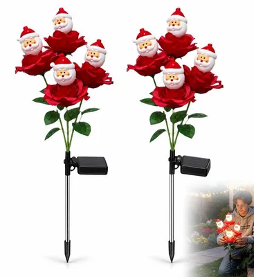 Produktbild von Solar Gartenleuchte 2er Pack, LED Weihnachtsmann in Rosenblüten, 4 Lichtköpfe, dekorativer Gartenstecker für Terrasse und Vorgarten