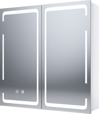 SONNI 2-drzwiowa szafka z lustrem wykonana z metalu, ze ściemnianym oświetleniem LED z podwójnym włącznikiem dotykowym, 590x600x140 mm, regulowane przegrody, z gniazdem golarki