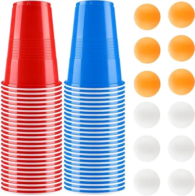Zdjęcie produktu dla Zestaw do gry Beer Pong – zawiera 50 kubków (pojemność 500 ml), 12 piłeczek do ping-ponga, kolor czerwono-niebieski, wielokrotnego użytku