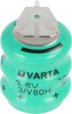 A close-up studio shot of a Varta 3.6V 70mAh battery.