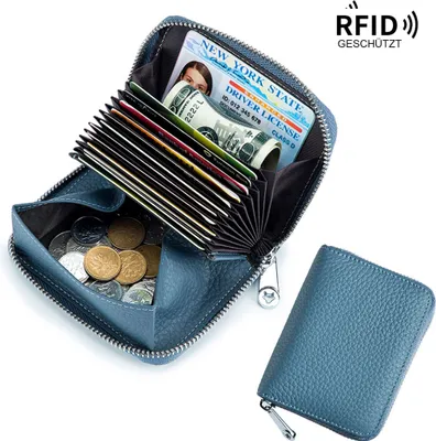 Produktbild von OKWISH Damen Geldbörse, Portemonnaie Geldbeutel Damenbörse Leder, Echtes Leder RFID-Kartenetui für Damen, Japanischer Stil, Münzfach mit Reißverschluss, großes Fassungsvermögen, Blau