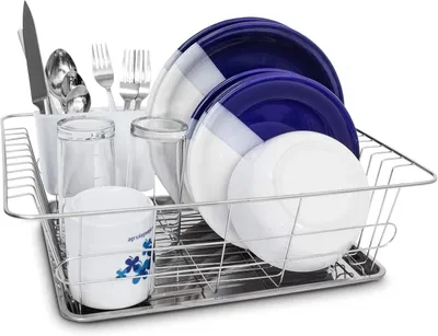 Produktbild von Abtropfgestell – Edelstahl – Geschirrwanne & Besteckablage – Teller – Becher & Besteck – 40,5 x 30,5 x 12 cm – Silberfarben