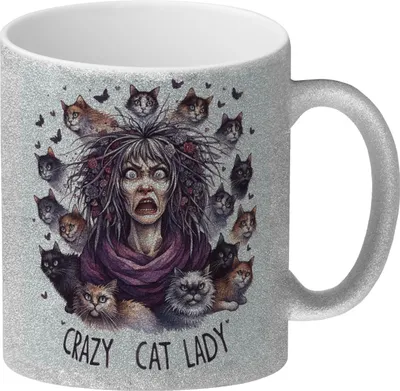 Produktbild von Katzenfrau Glitzer-Kaffeebecher mit Spruch Crazy Cat Lady