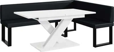 Produktbild von MEBLINI Eckbank für Esszimmer mit ausziehbarem Tisch  - Küchenbank - Essecke - Sitzecke Küche - ERIC - U-Beine 142x196x87cm Rechts - Schwarz Kunstleder/B Weiß Matt