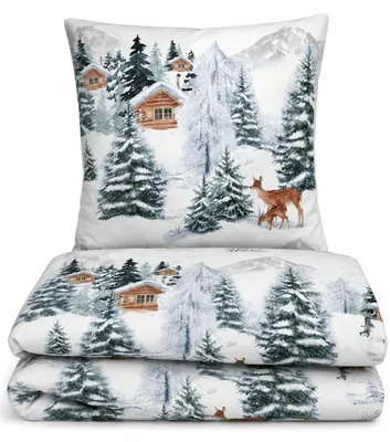 Produktbild von Bettwäsche Feinbiber 135x200cm 2-tlg Set Weiß Winterlandschaft mit Reißverschluss