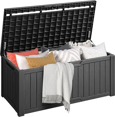 Imagen del producto de Caja para jardín | 450 litros, 142.1 x 67.6 x 60 cm | Caja para exteriores, caja de almacenamiento, caja para cojines de jardín, caja para jardín. | Resistente al agua, con amortiguador a gas. | Ideal para cojines de jardín, herramientas de jardinería y juguetes para niños. | Color