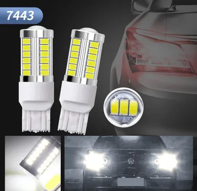 Productafbeelding van 2 stuks 7443-33SMD-5730 LED-interieurverlichting voor auto, geschikt voor remlicht, richtingaanwijzer, binnenverlichting en leeslampen. Wit licht