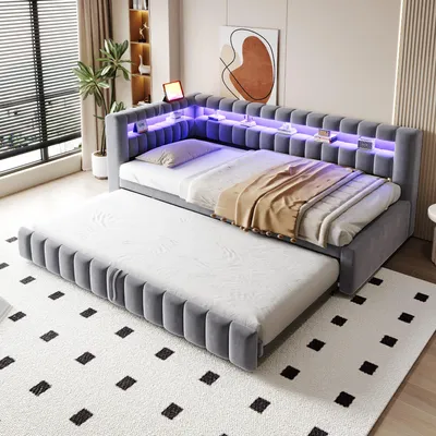 Immagine prodotto di Letto imbottito Flieks 90x200cm con letto estraibile (90x190cm), divano letto da giorno con usb e led, letto per ragazzi letto per bambini letto singolo con rete a doghe, velluto