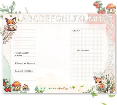 Produktbild von Schreibtischunterlage A3 für Mädchen und Jungen - Waldtiere Design, dickes 90g/m² Papier, mit ABC Leiste zum Ausmalen - Perfekt zur Einschulung | Schreibtischunterlage Papier 25 Blatt