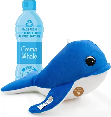 A blue plush whale toy is shown next to a plastic bottle with text indicating it is made from recycled materials.