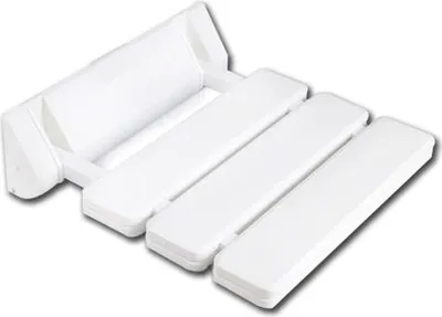 A white foldable wall-mounted shower seat is shown against a white background.