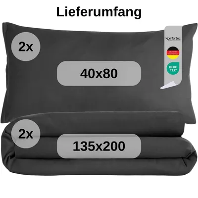 Produktbild von Komfortec Bettwäsche 135x200 4teilig Bettwäsche-Sets 2 Bettbezüge 135x200 cm + 2 Kissenbezüge 40x80 cm, Anthrazit mit Reißverschluss
