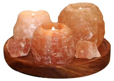 Teelichthalter-Set Kristallsalz, 2x400g+1x700g, Holzbrett, Ø21,5cm