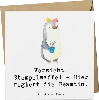 Produktbild von Mr. & Mrs. Panda Grußkarte Beamtin Stempelwaffe - Weiß - Geschenk, Berufsalltag, Glückwunschkarte, humorvolle Sprüche, kreative Geschenke, faltkarte, Kundendienst, Beruf