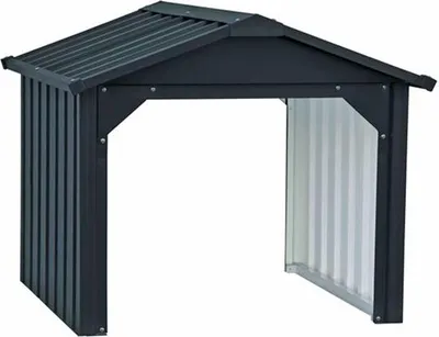A dark gray metal garage for a robotic lawnmower, shown from the front.