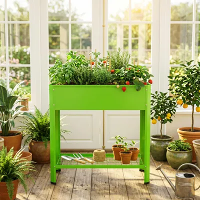 Produktbild von CEEDIR Hochbeet Metall 80x35x80 cm, Pflanzkasten aus verzinktem Stahl, für Kräuter und Gemüse, mit Ablageboden und Haken, wetterfest für Balkon, Terrasse und Garten, Grün