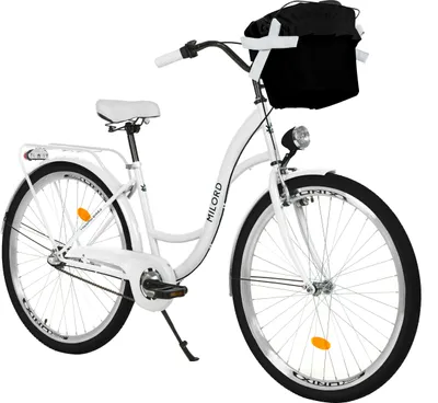 A white Milord Komfort women's bicycle with a black basket is shown against a white background.
