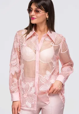 Produktbild von LARICA Damen Shirt V-1 mit floralem Design und transparenter Optik OW-SH-E0048 pink S/M
