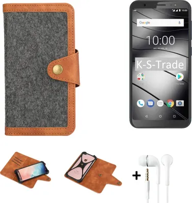Produktbild von K-S-Trade Handyhülle + Kopfhörer kompatibel mit Gigaset GS185 Schutzhülle Filzhülle Kunstleder dunkelgrau braun (1x)