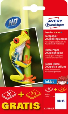 Zdjęcie produktu dla Avery Zweckform® C2549-20P C2549-20P Papier fotograficzny do drukarek atramentowych - 10x15 cm, wysoki połysk, 200 g/m², 20 + 20 arkuszy