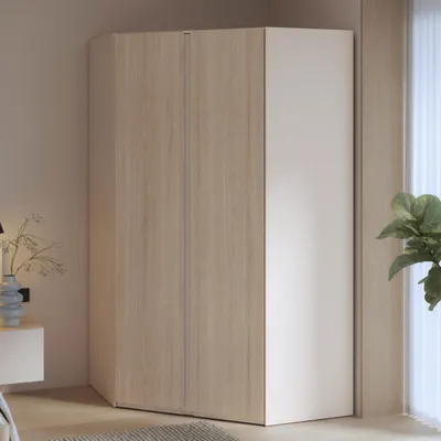 Produktbild von Forte PANOPTIK Eckkleiderschrank 120, moderner Schrank, 2-türig, Schlafzimmer, Jugendzimmer, platzsparend, Kaschmir|Beige|Riva Eiche Holzdekor, 116,8 cm breit x 210,5 cm hoch x 117 cm tief