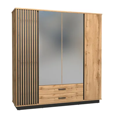 Produktbild von Viertüriger Kleiderschrank LAMELO LA18 mit Spiegeln und zwei Schubladen, Drehtürenschrank [Eiche Wotan + Schwarz]