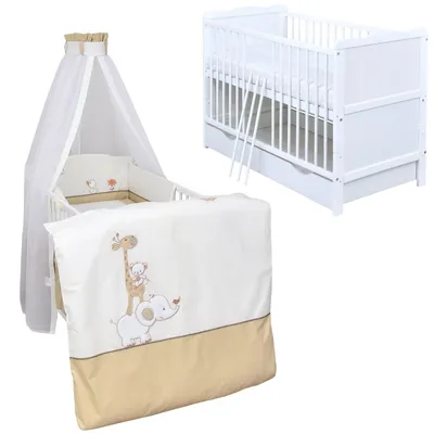 Produktbild von Baby-Delux Babybett Kinderbett Jack 140×70 weiß inkl. Schublade Bettwäsche komplett Set Zirkus Beige